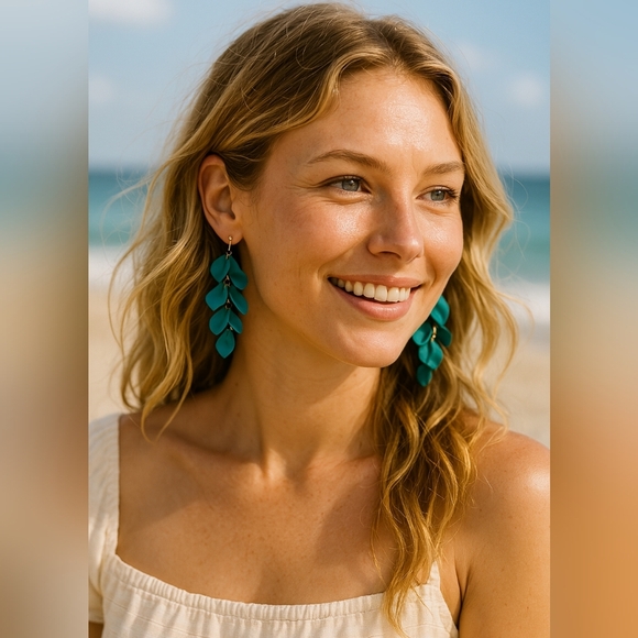 Statement Teal Petal Drop Earrings - Picture 3 of 3